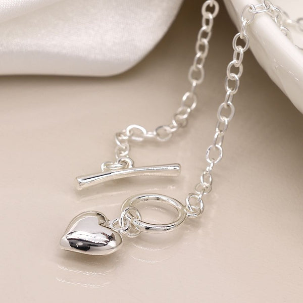 Peace of Mind Silver plated T-Bar and heart necklace