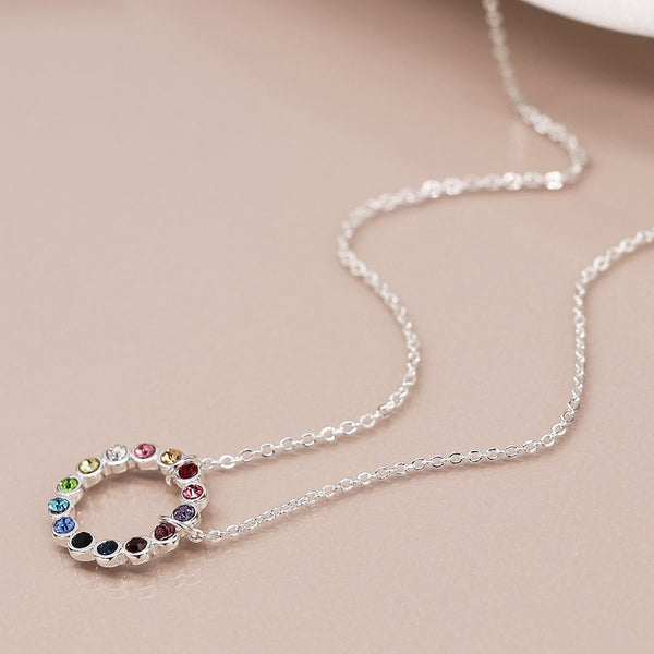 Peace of Mind Silver plated circle and rainbow crystals necklace
