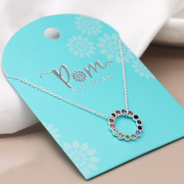 Peace of Mind Silver plated circle and rainbow crystals necklace