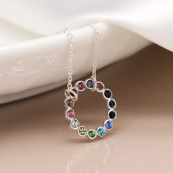 Peace of Mind Silver plated circle and rainbow crystals necklace