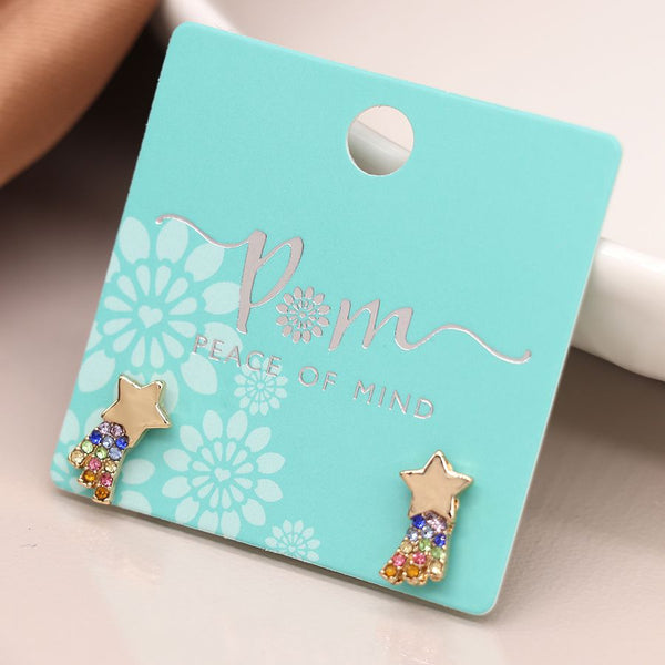 Peace of Mind Silver Plated Golden shooting star earrings with rainbow crystals
