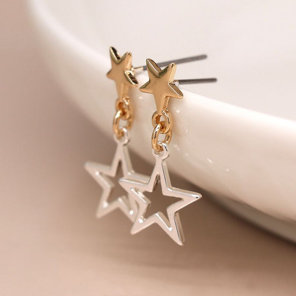 Peace of Mind Silver and faux gold plated double star stud earrings