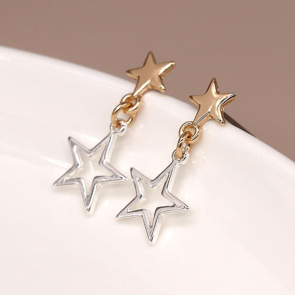 Peace of Mind Silver and faux gold plated double star stud earrings