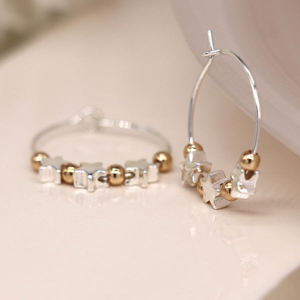 Peace of Mind Silver Plated Wire Hoop, Stars and Golden Bead Earrings