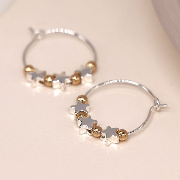 Peace of Mind Silver Plated Wire Hoop, Stars and Golden Bead Earrings