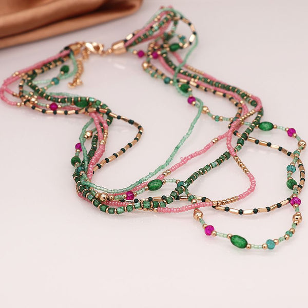 Peace of Mind Multi Strand Boho Bead Necklace in Pink, Green & Gold