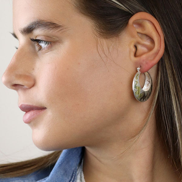 Peace of Mind Silver Plated Embossed Dotty Zig-Zag Hoop Earrings