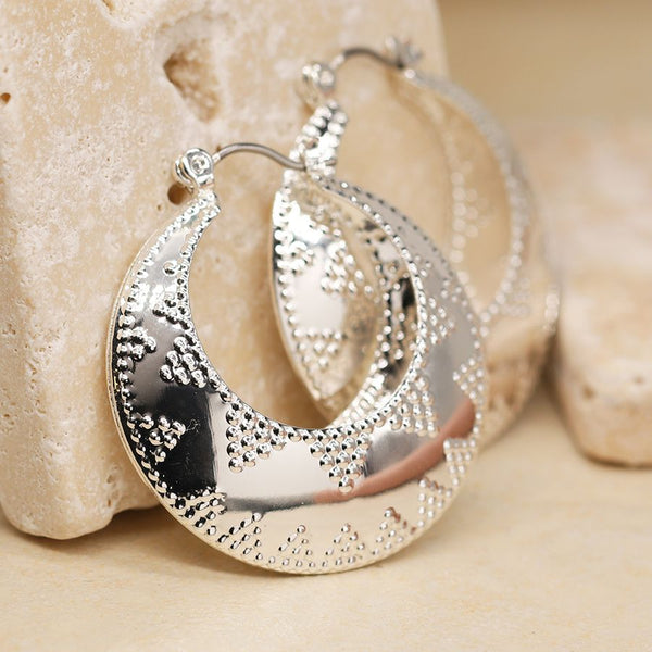 Peace of Mind Silver Plated Embossed Dotty Zig-Zag Hoop Earrings
