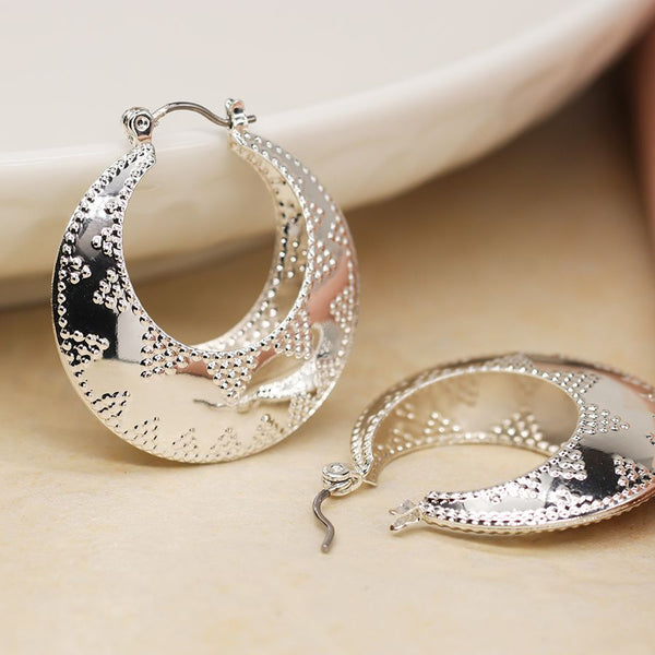 Peace of Mind Silver Plated Embossed Dotty Zig-Zag Hoop Earrings