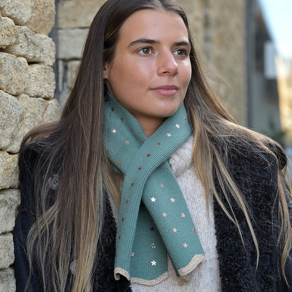 POM Peace Of Mind Sea Foam Metallic Stars Pull Through Scarf
