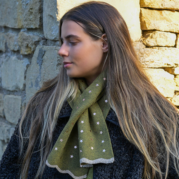 POM Peace Of Mind Khaki Metallic Stars Pull Through Scarf