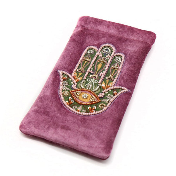 POM Pink velvet embroidered hand glasses pouch