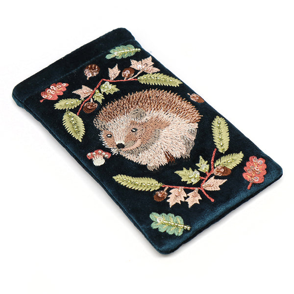 POM Dark Teal Velvet Hedgehog Embroidered Glasses Case