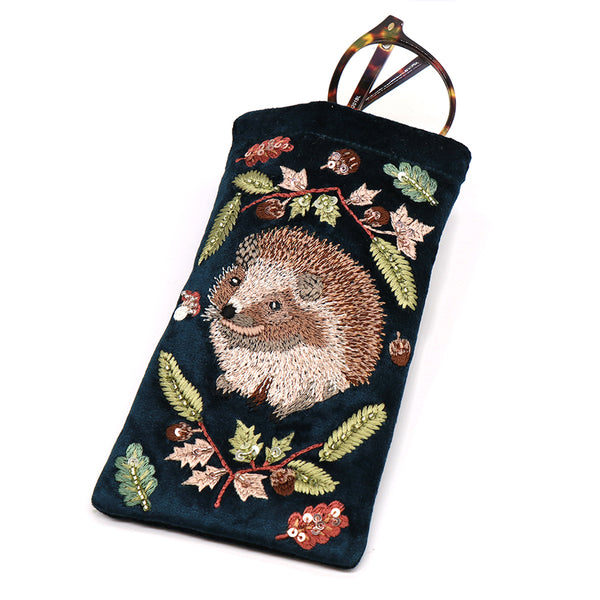 POM Dark Teal Velvet Hedgehog Embroidered Glasses Case
