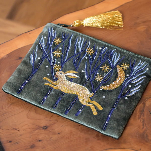 POM Dark Green Velvet Embroidered Zip Purse Leaping Hare