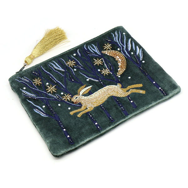 POM Dark Green Velvet Embroidered Zip Purse Leaping Hare