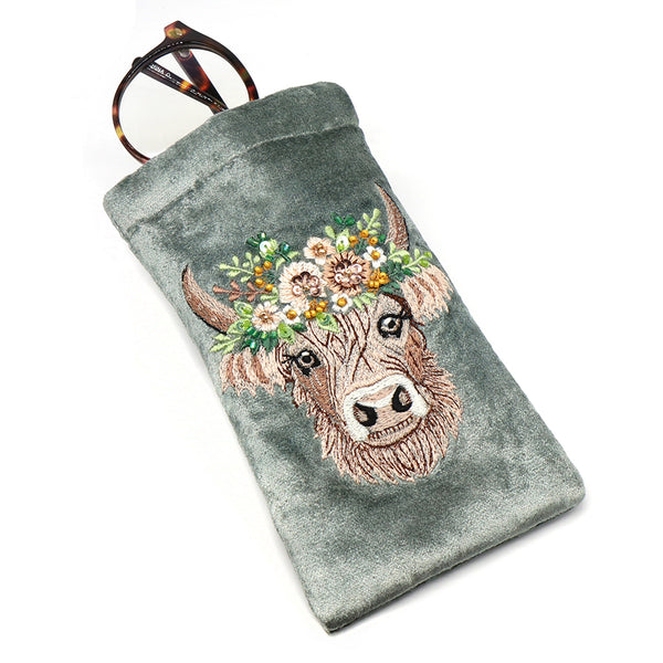 POM Seafoam Velvet Highland Cow Embroidered Glasses Case