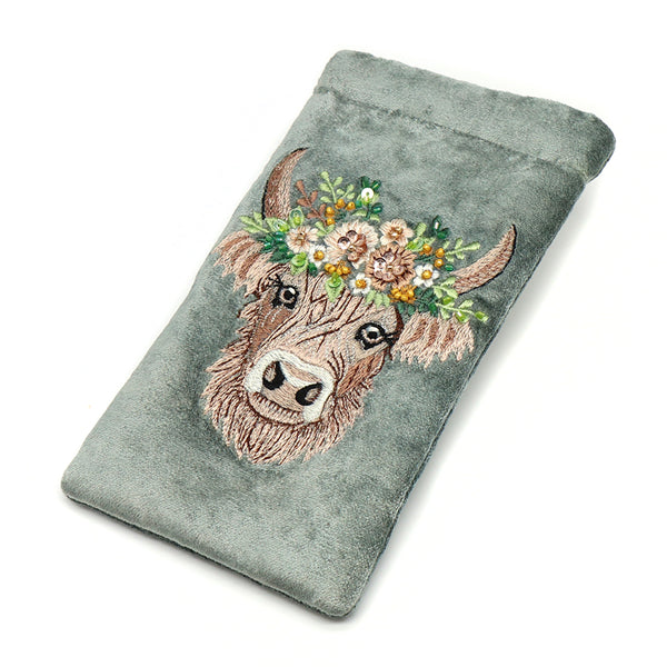 POM Seafoam Velvet Highland Cow Embroidered Glasses Case