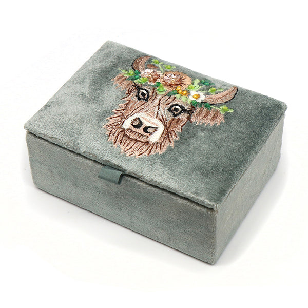 POM Seafoam Velvet Highland Cow Small Jewellery Box