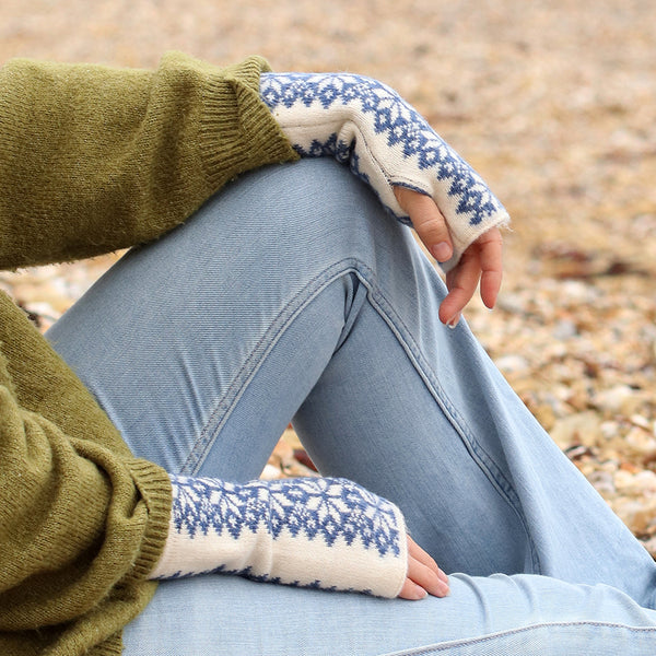Peace Of Mind Denim and cream scandi starflower wrist warmers