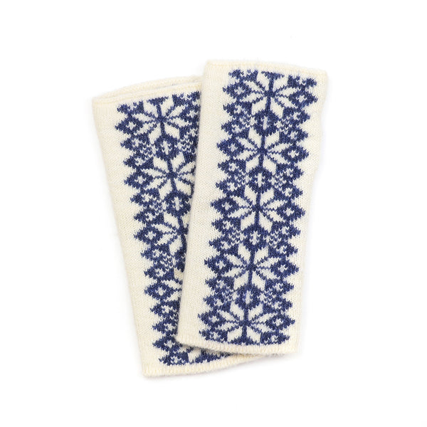 Peace Of Mind Denim and cream scandi starflower wrist warmers