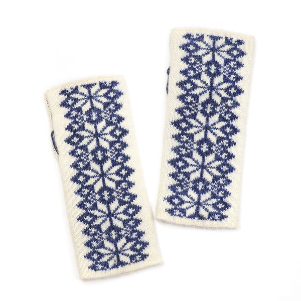 Peace Of Mind Denim and cream scandi starflower wrist warmers