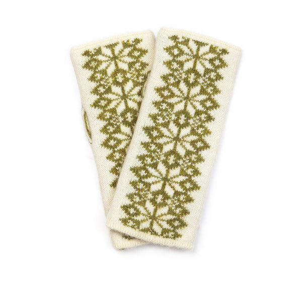 Peace Of Mind Olive and cream scandi starflower wrist warmers