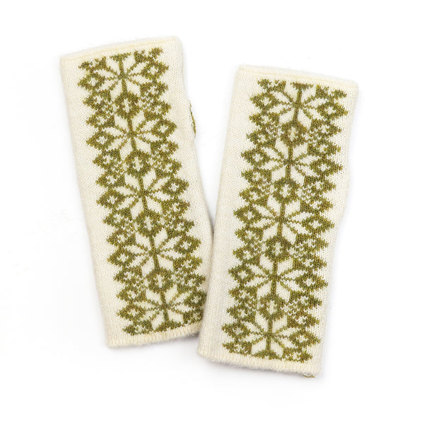 Peace Of Mind Olive and cream scandi starflower wrist warmers