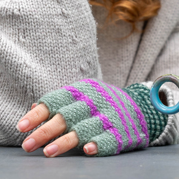 Peace Of Mind Sage and purple striped recycled blend fingerless gloves