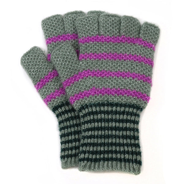 Peace Of Mind Sage and purple striped recycled blend fingerless gloves