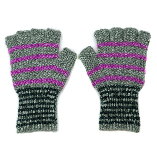 Peace Of Mind Sage and purple striped recycled blend fingerless gloves