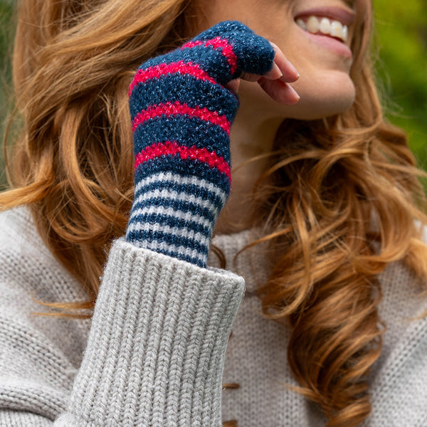 Peace Of Mind Navy and red striped recycled blend fingerless gloves
