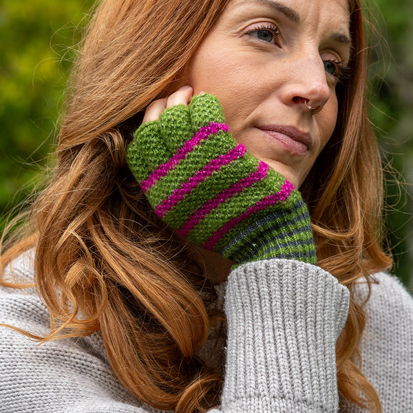 Peace Of Mind Green and pink striped recycled blend fingerless gloves