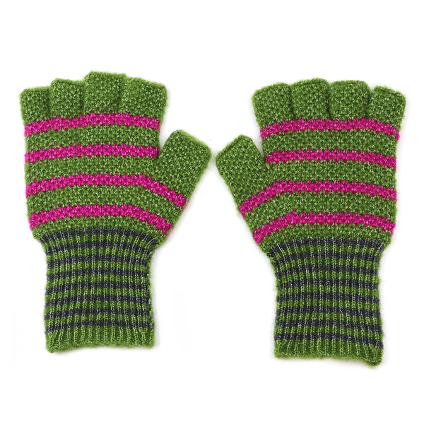 Peace Of Mind Green and pink striped recycled blend fingerless gloves