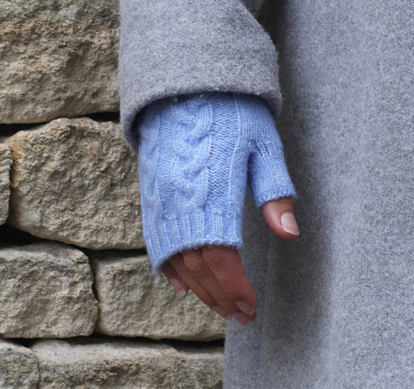 Peace Of Mind  Ice Blue Cable Knit Recycled Wrist Warmers