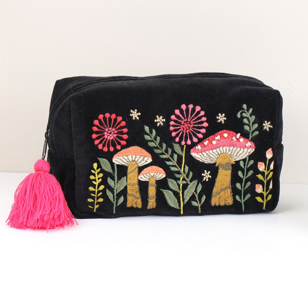 POM Black Velvet Embroidered Toadstools Make Up Bag