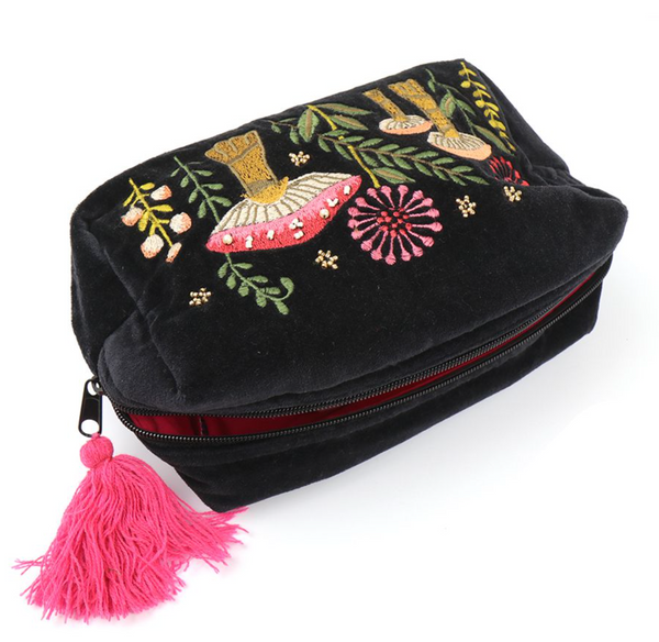 POM Black Velvet Embroidered Toadstools Make Up Bag