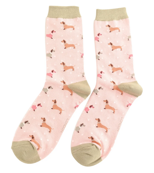 Miss Sparrow Socks Sausage Dog & Spots Dusky Pink
