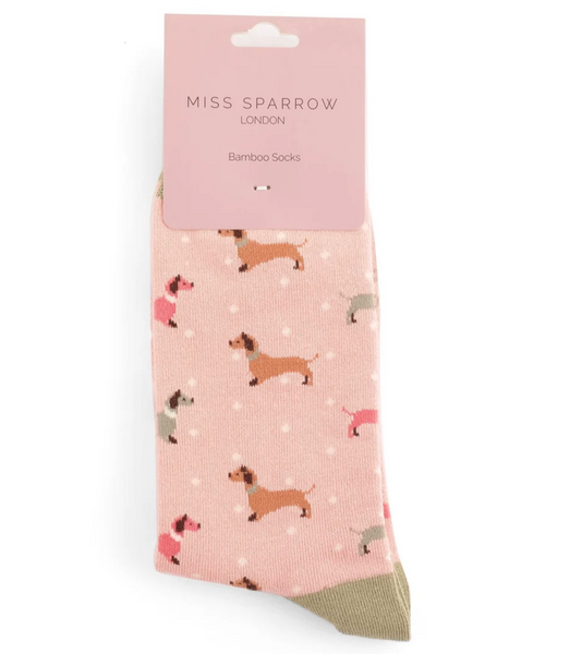 Miss Sparrow Socks Sausage Dog & Spots Dusky Pink