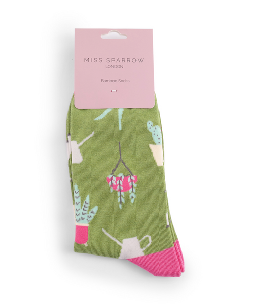 Miss Sparrow Socks House Plants Green