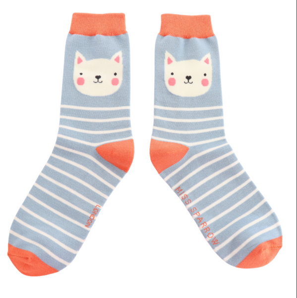 Miss Sparrow Socks Kitty Stripes Powder Blue