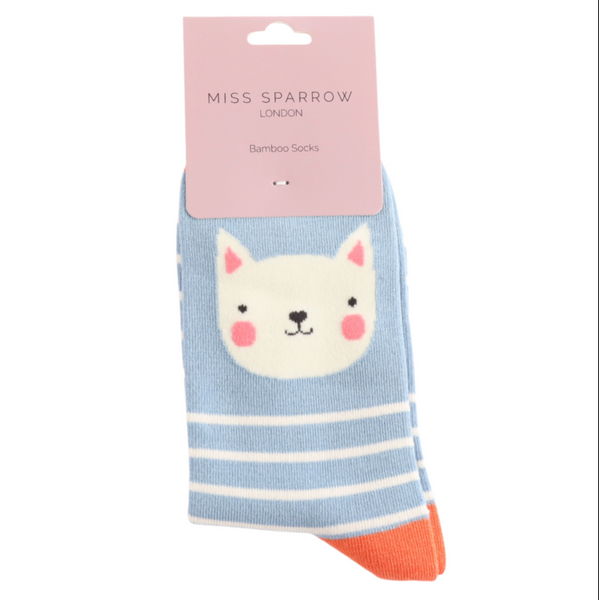 Miss Sparrow Socks Kitty Stripes Powder Blue