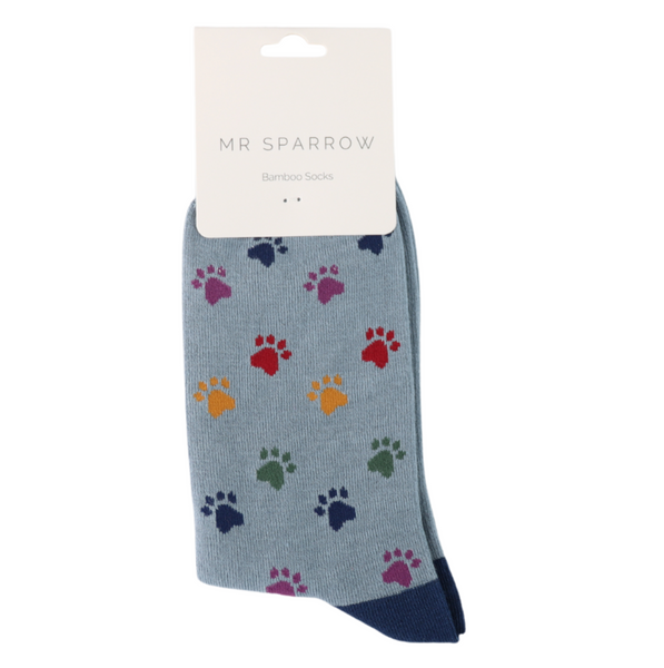 Mr Heron Socks Multi Paw Prints Denim