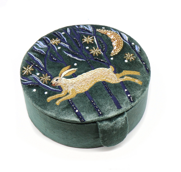 POM Midnight Green Velvet Leaping Hare Jewellery Box