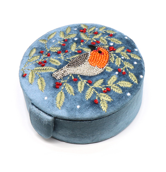 POM Blue Velvet Robin and Holly Jewellery Box