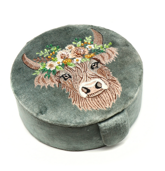 POM Sage Velvet Highland Cow Jewellery Box
