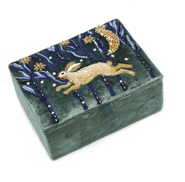 POM Midnight Green Velvet Leaping Hare Small Jewellery Box