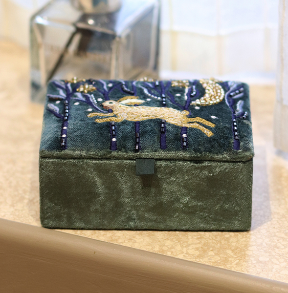 POM Midnight Green Velvet Leaping Hare Small Jewellery Box