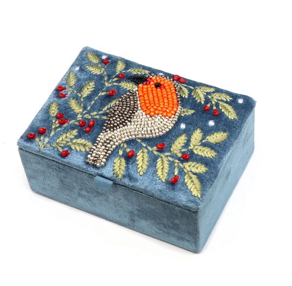 POM Blue Velvet Robin and Holly Small Jewellery Box