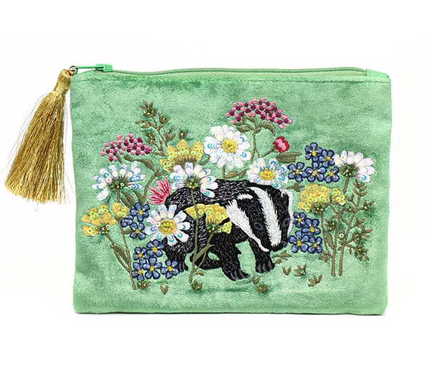 POM Green Velvet Badger Embroidered Zip Purse